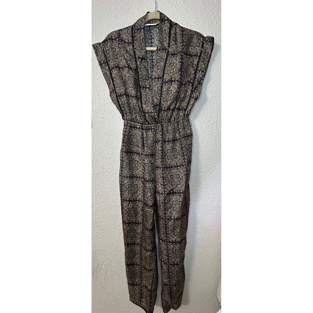 Zimmermann 100% Silk Paisley Print jumpsuit Green Black  Size 0 Boho Lace Trim